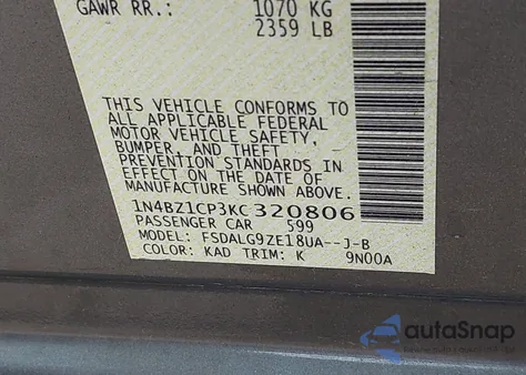 2019 Nissan Leaf Sl Plus z USA, uszkodzony, nr VIN 1N4BZ1CP3KC320806